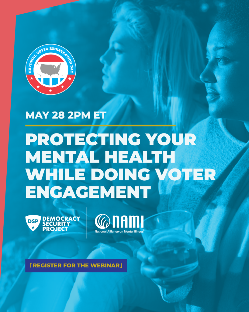 Event poster for National Voter Registration Day promoting a webinar on protecting mental health during voter engagement (May 28, 2 PM ET).